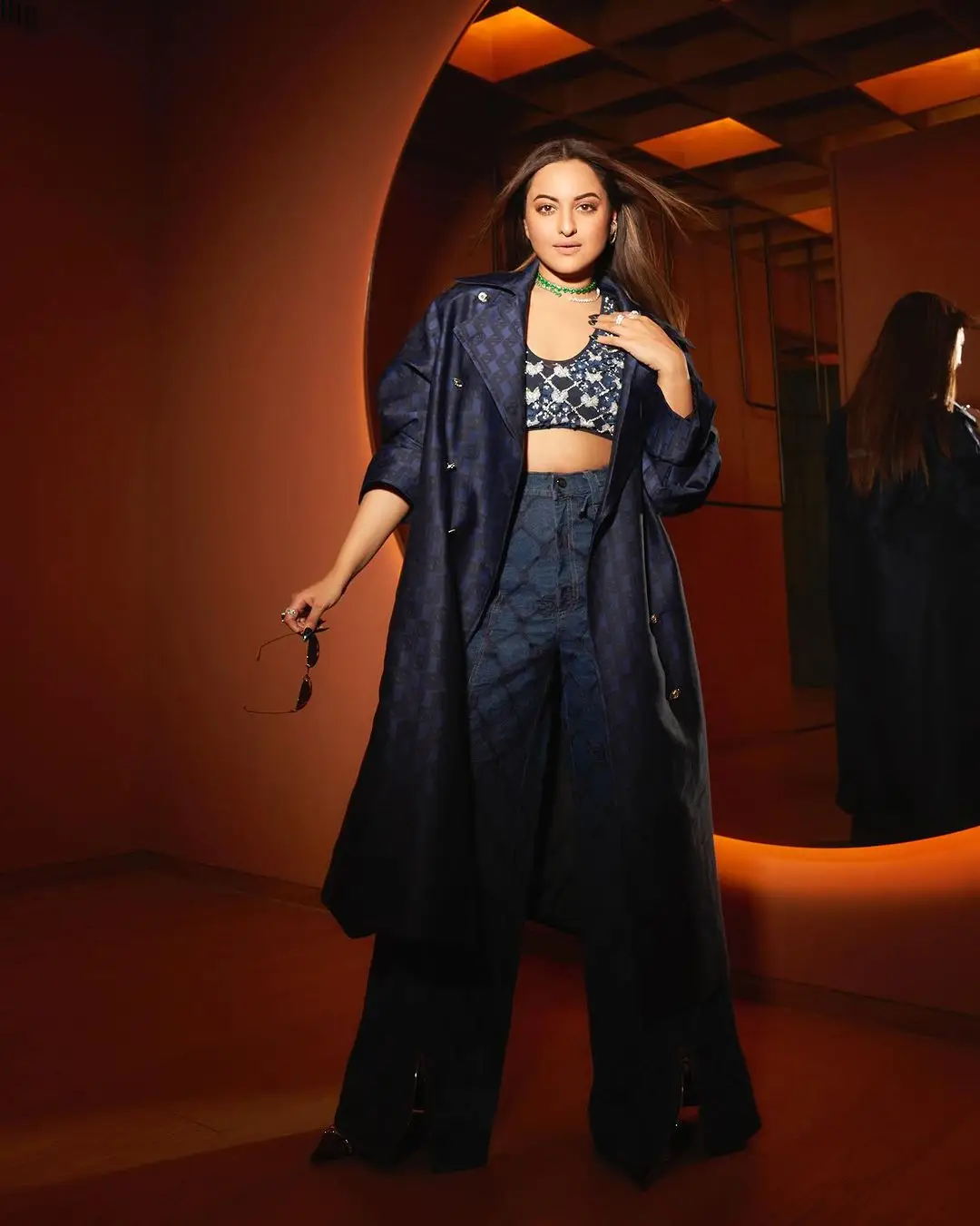 Sonakshi Sinha Wearing Beautiful Earrings Jewellery Blue Coat Pant